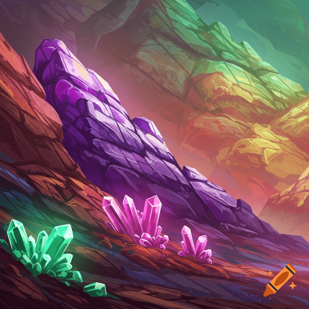 Colorful crystals and rocky mountains.