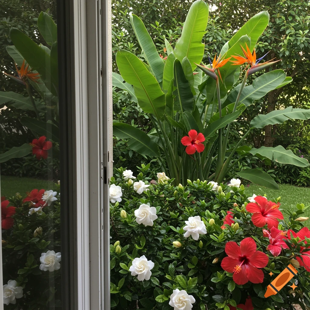 View of a tropical garden with red hibiscus, white gardenias, and orange bird of paradise flowers outside a window.