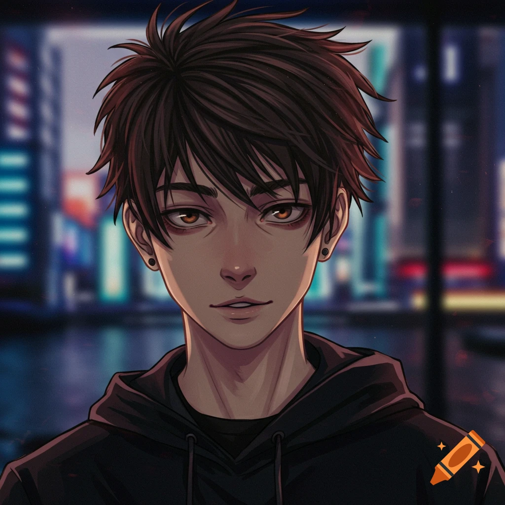 Anime portrait of young man in black hoodie against blurred futuristic city.