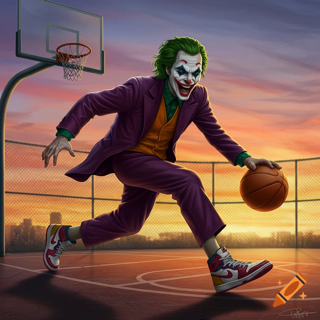 The Joker playing basketball at sunset