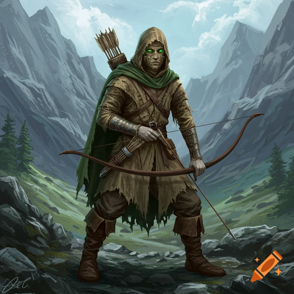 A fantasy ranger with a bow and arrow in a mountain valley.