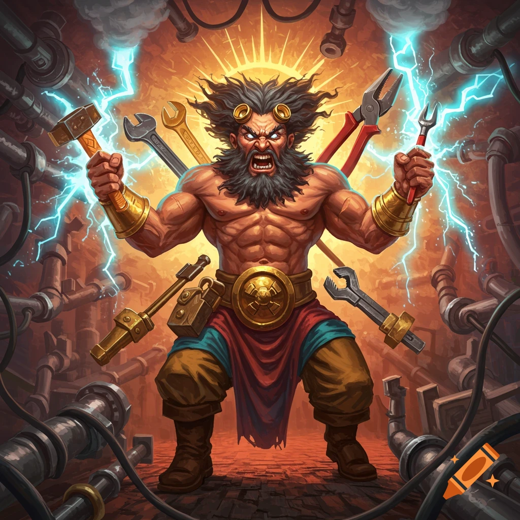 An angry muscular god holding tools surrounded by pipes and electricity