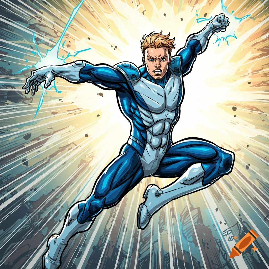 Male superhero in blue and white suit flies forward, generating energy.