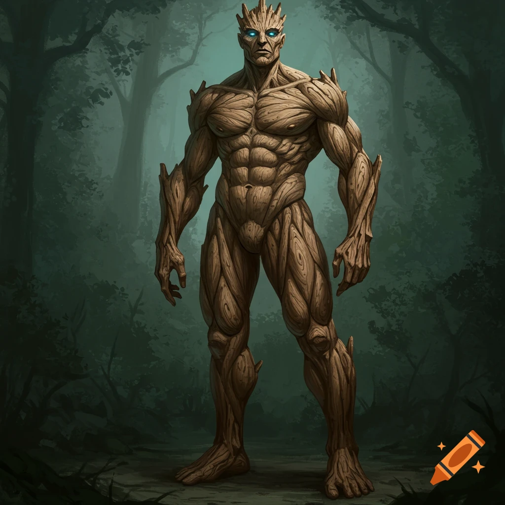 A tall muscular humanoid figure with bark skin stands in a forest.