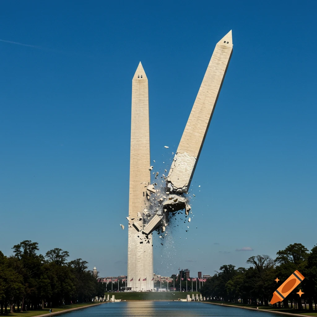 A photorealistic image of the Washington Monument breaking in half above a reflecting pool.