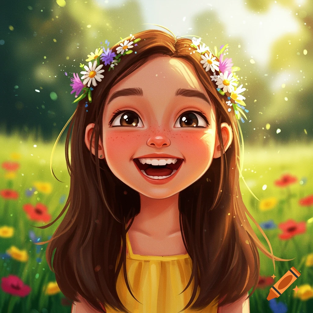 A smiling girl with a flower crown in a bright meadow.
