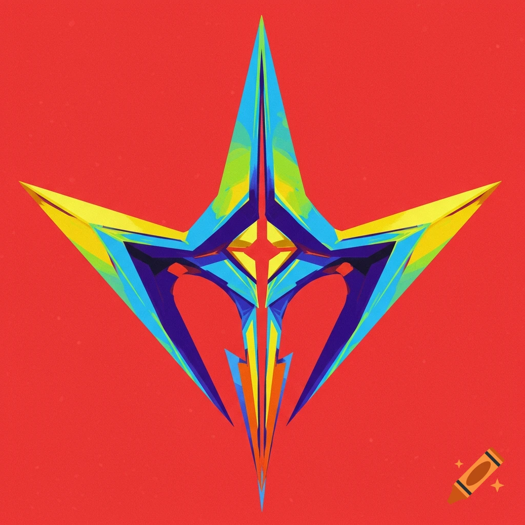 A colorful, sharp, geometric symbol against a red background.