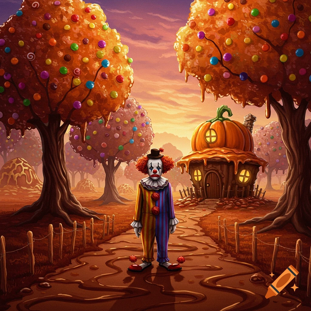 A sad clown stands on a chocolate path in a fantasy landscape with candy trees and a pumpkin house at sunset.