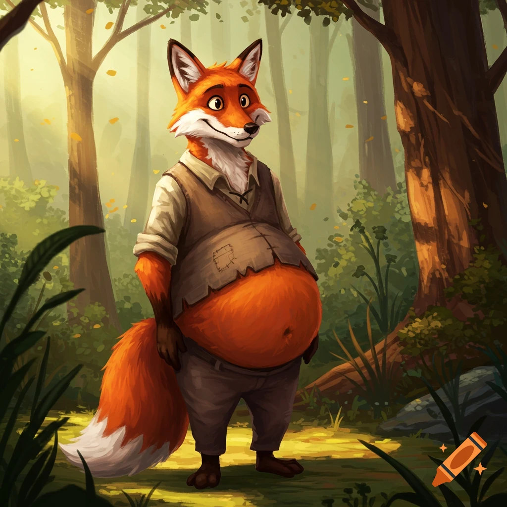 An anthropomorphic fox with a large stomach standing in a forest.