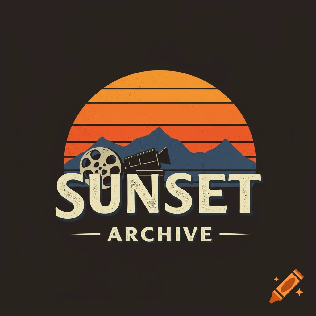 Retro logo with sunset, mountains, film reel, camera, and 'SUNSET ARCHIVE' text.