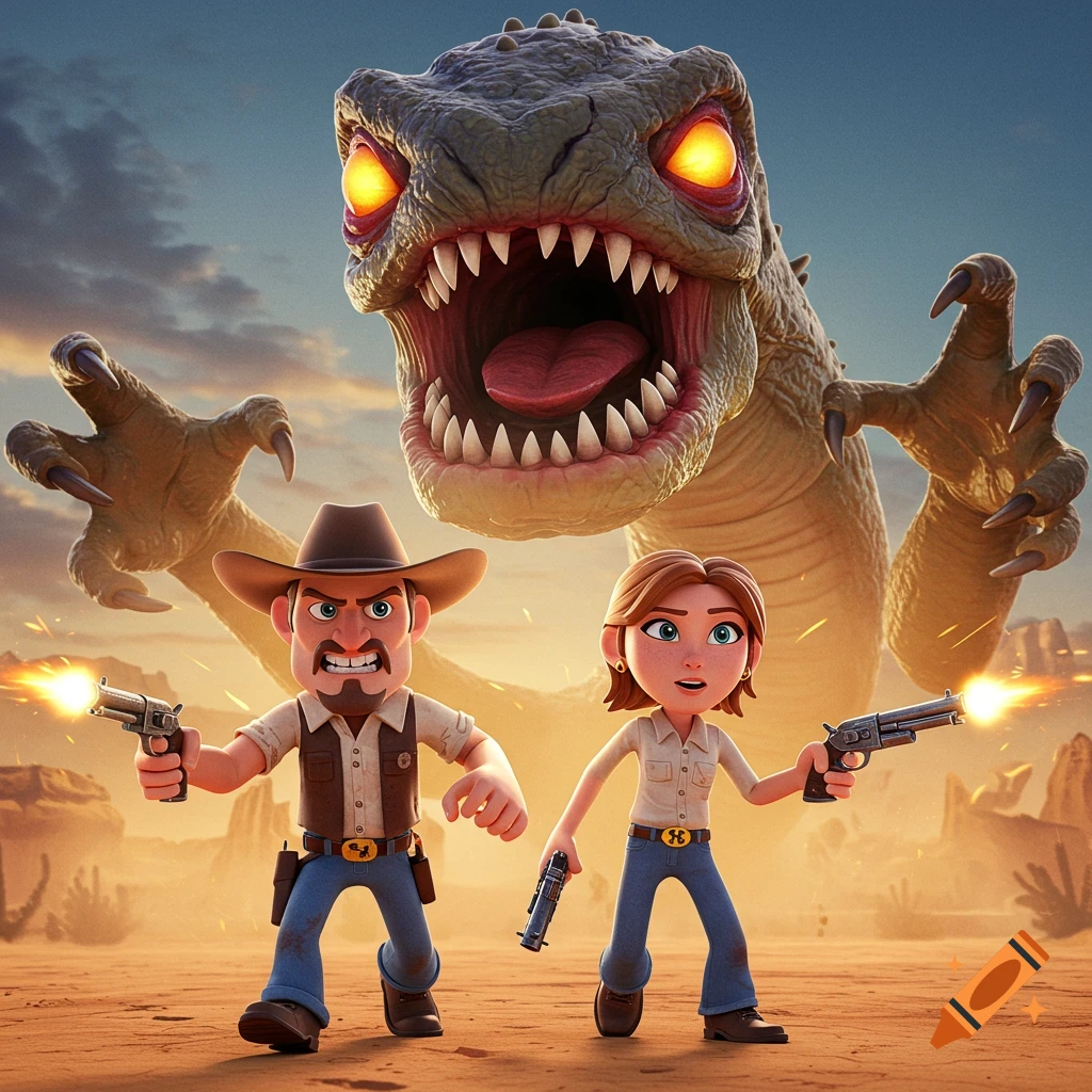 3D animated scene of two cartoon characters shooting at a giant dinosaur in a desert.