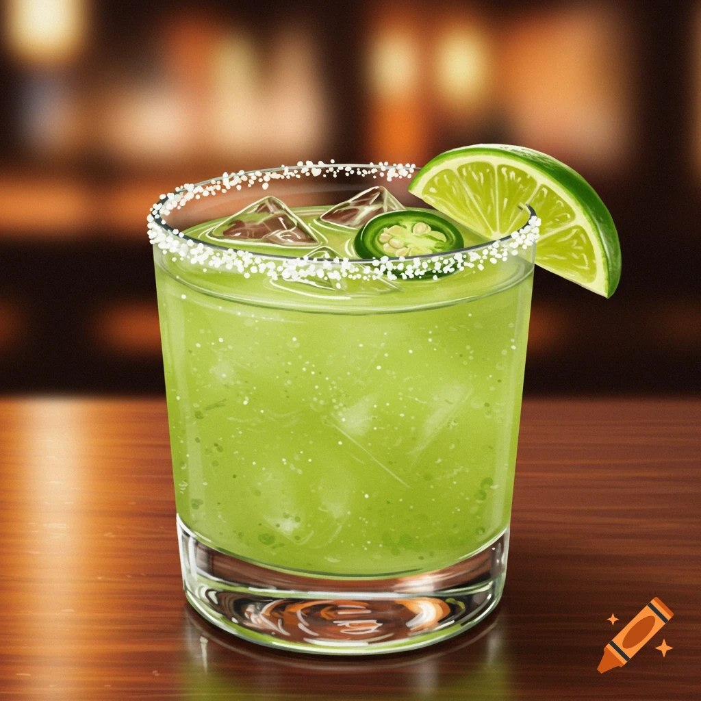 A close up of a jalapeno lime margarita in a rocks glass with a salted rim.