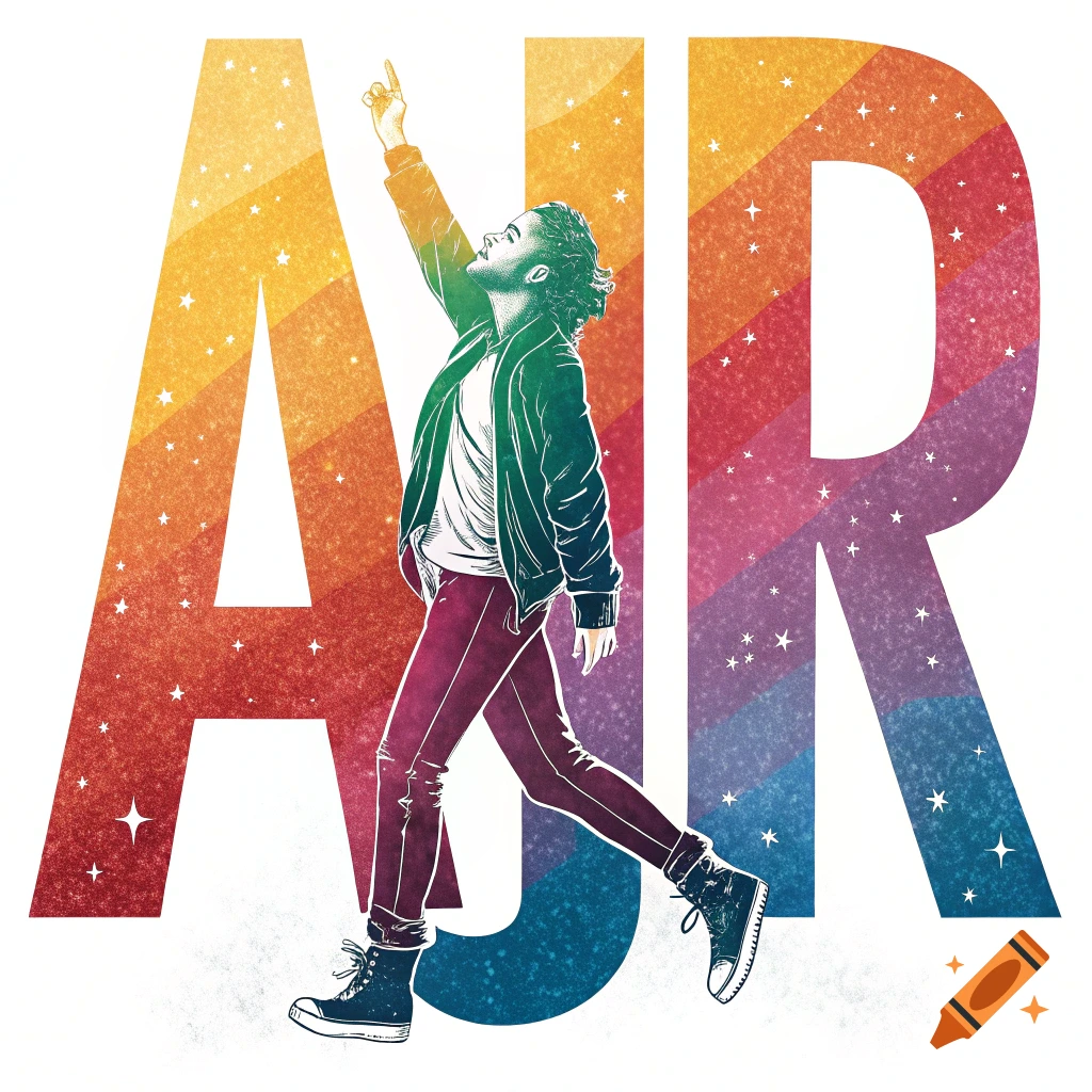 Illustration of a figure walking through large, colorful letters forming 'AJR'
