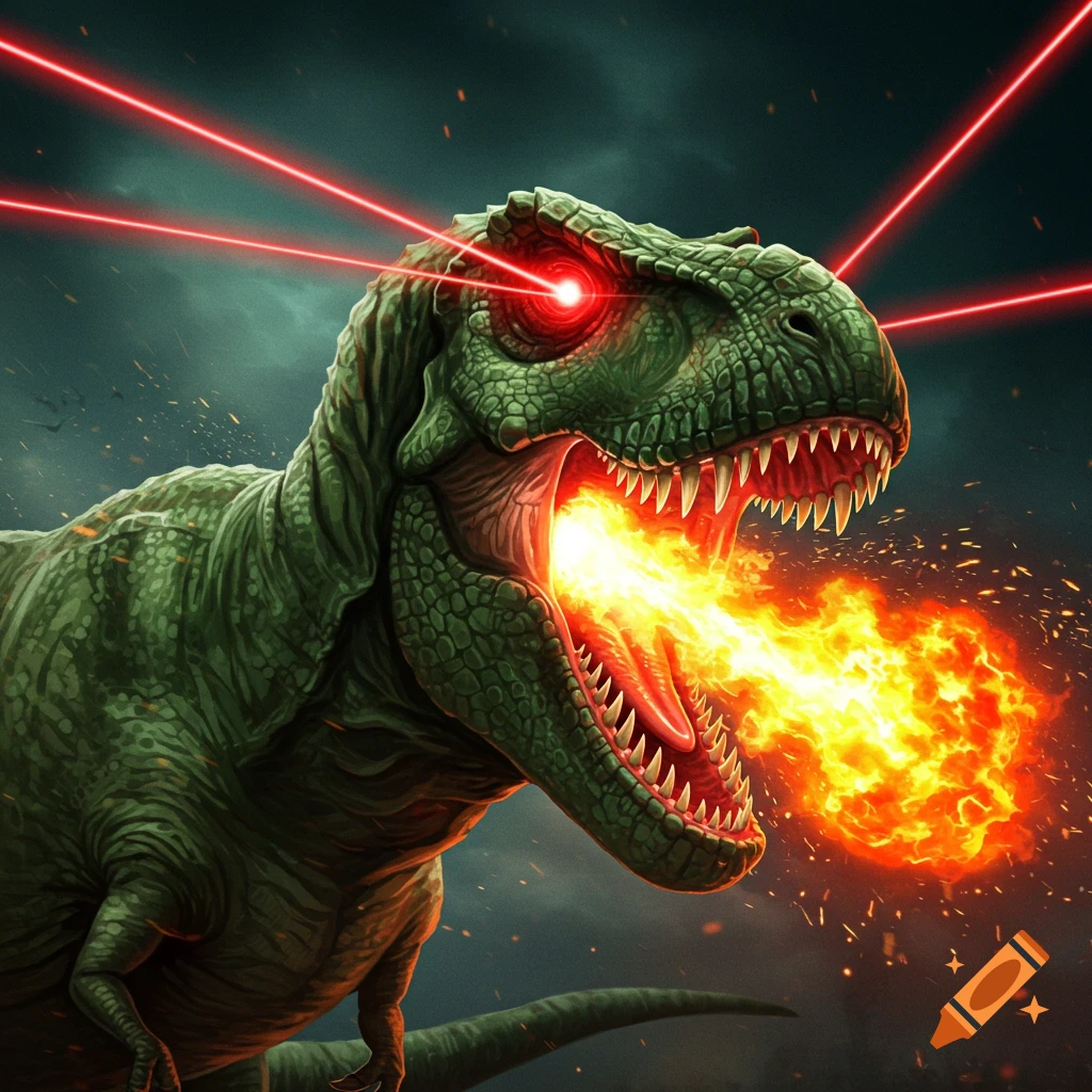A green Tyrannosaurus Rex breathes fire while shooting red lasers from its eyes.