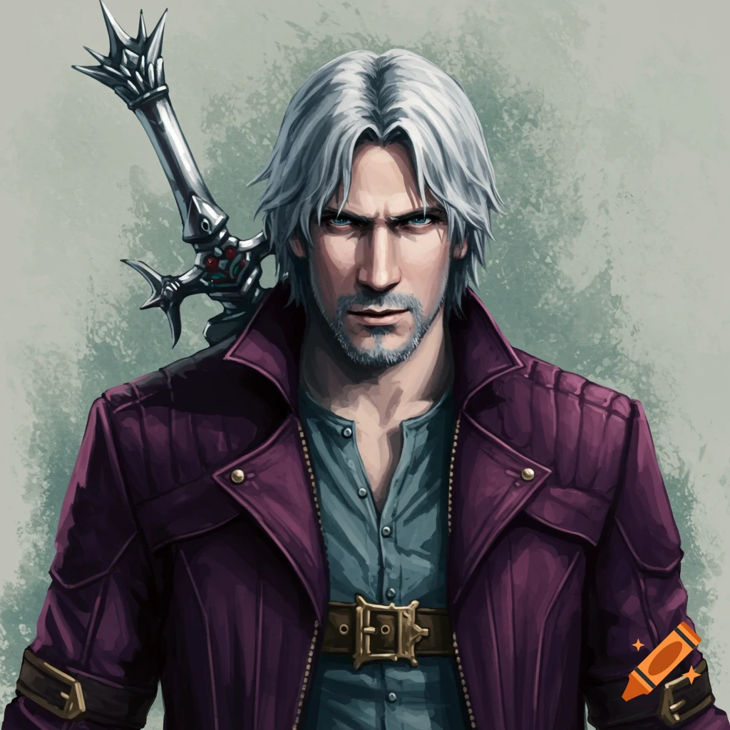 A man with white hair and a purple coat holds a sword over his shoulder.