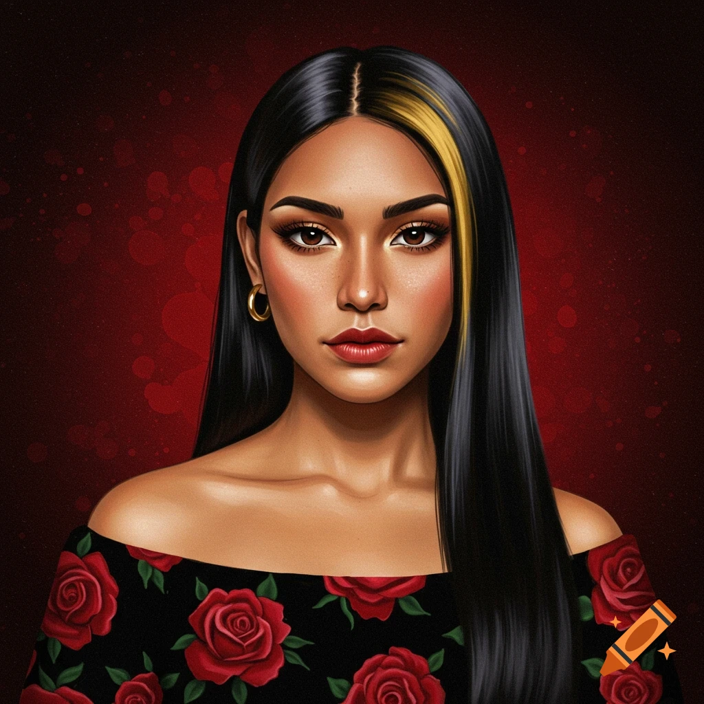 Portrait of a woman with long black hair and a gold streak, wearing an off-the-shoulder black dress with red roses.