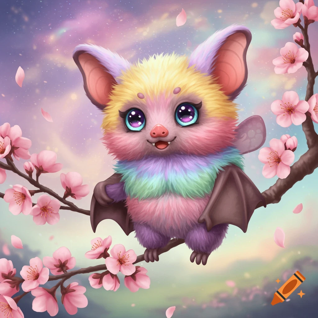 Whimsical image of a fluffy rainbow-colored bat on a cherry blossom branch.