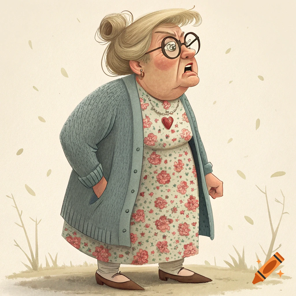Cartoon illustration of a grumpy old woman in a floral dress and cardigan.
