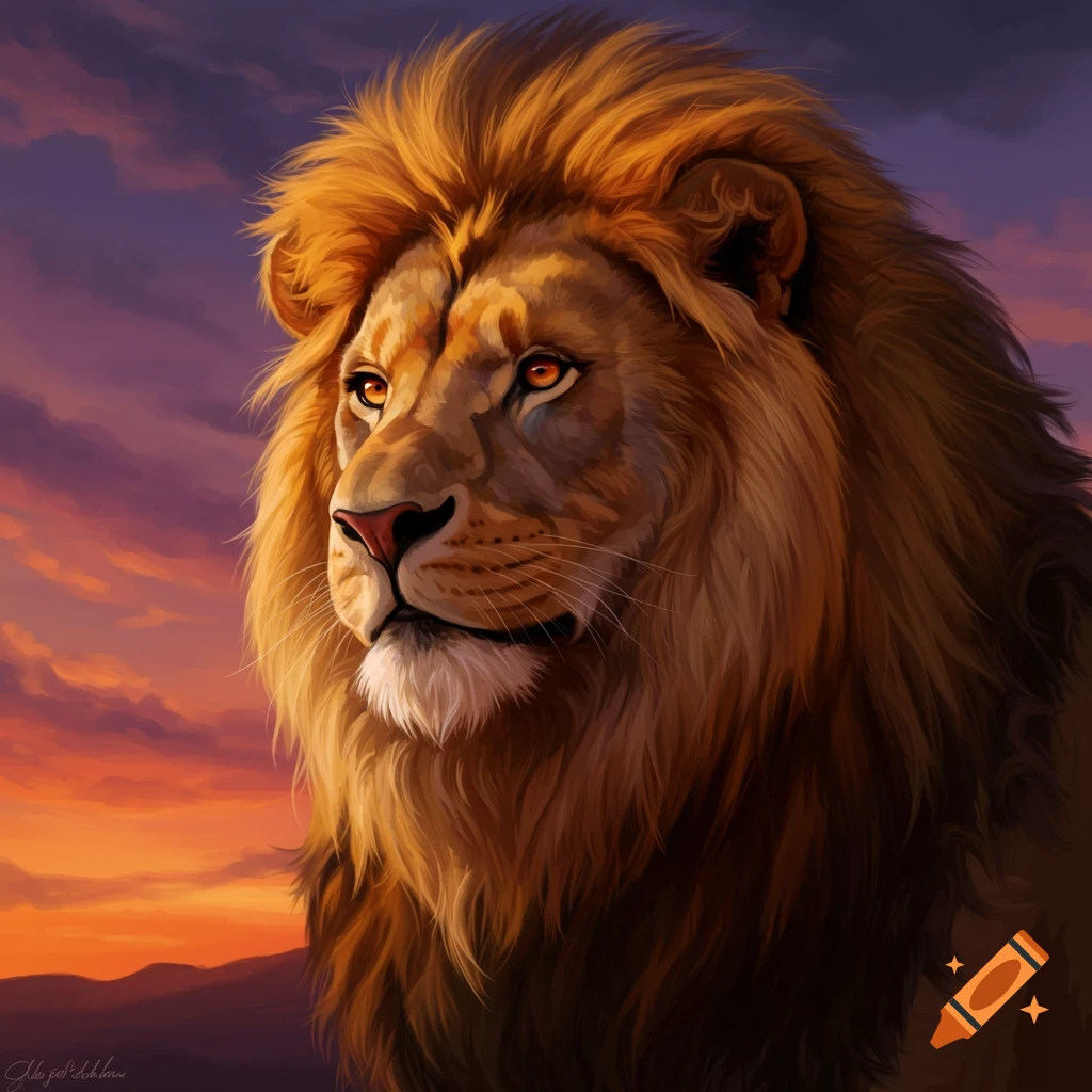 A lion with a golden mane against a purple and orange sunset sky.