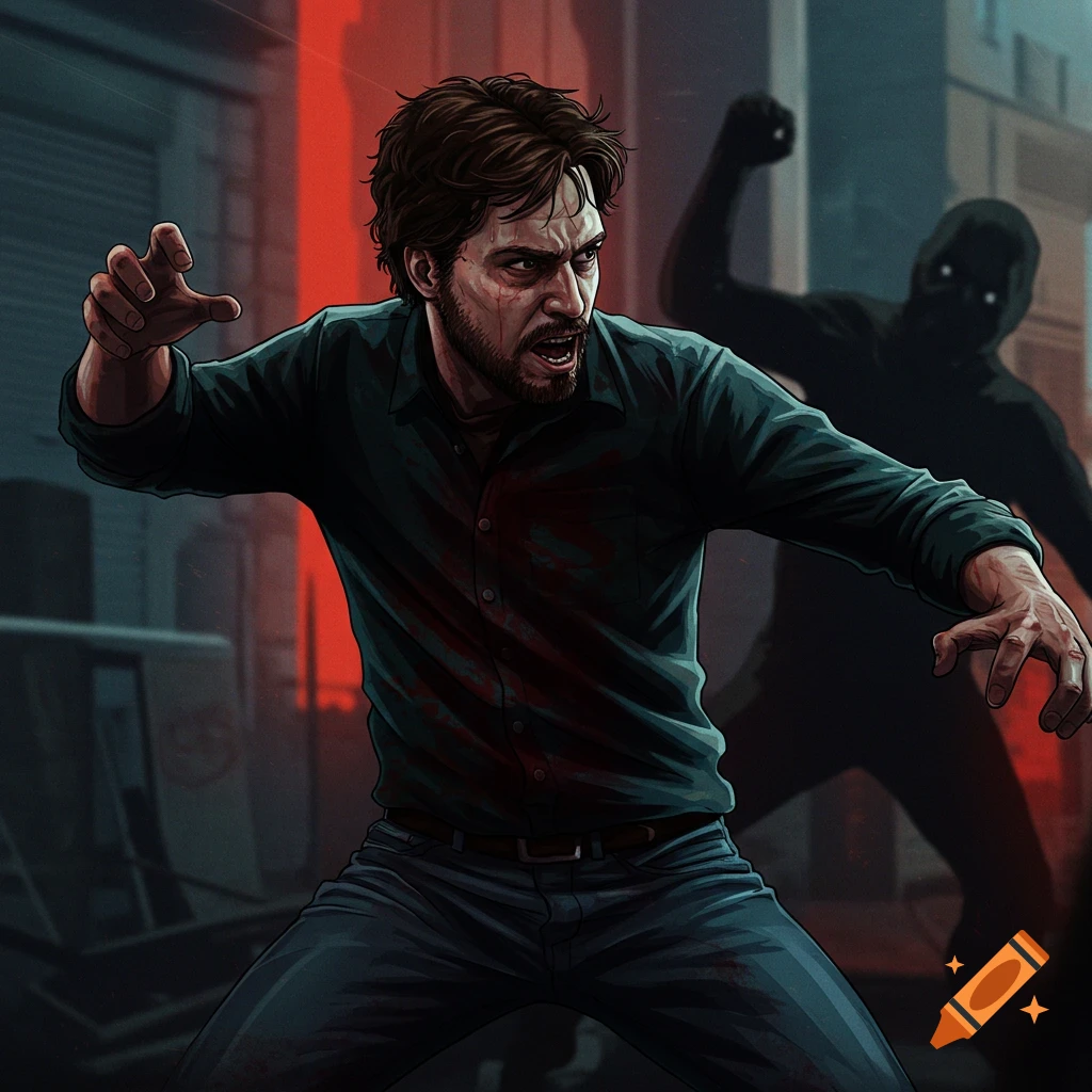 A man covered in blood stain fights a shadowy figure in a dark alley.