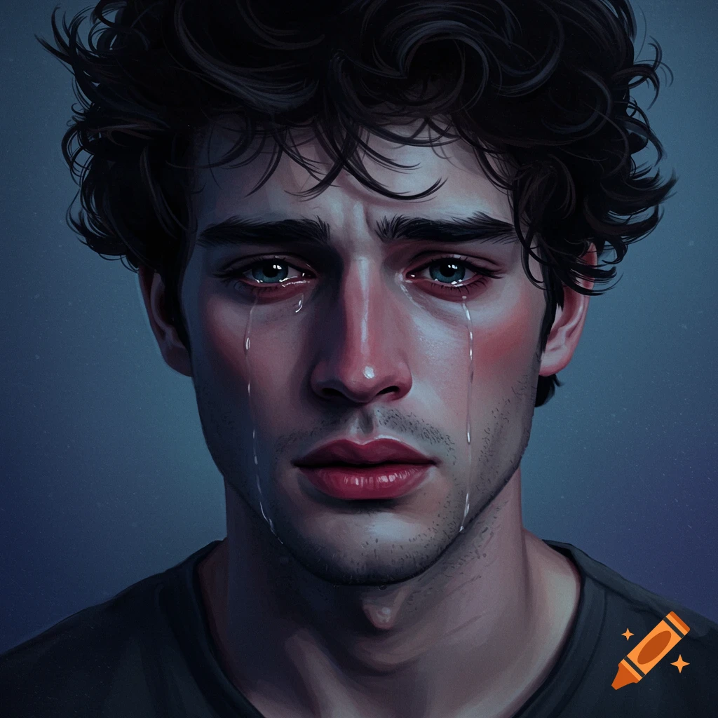 A close-up of a young man with dark, curly hair crying softly.