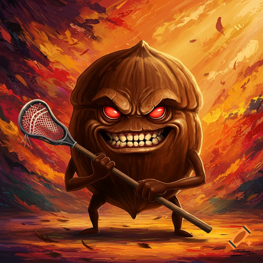 A mean buckeye nut character holds a lacrosse stick with a fiery background.