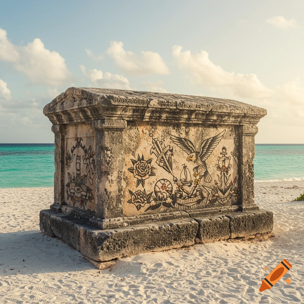 Stone tomb on a sandy beach decorated with American traditional tattoos.