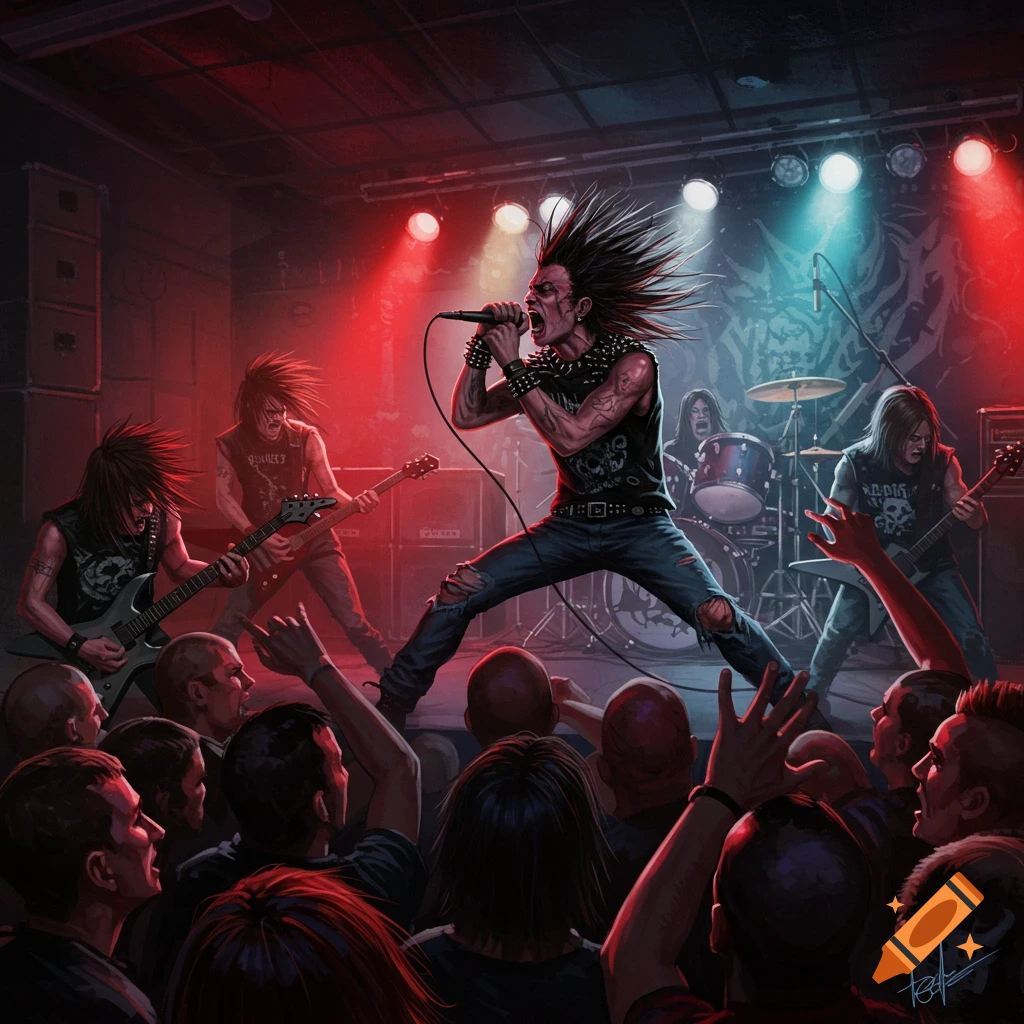 A high-energy punk rock band performing on stage with a crowd watching.