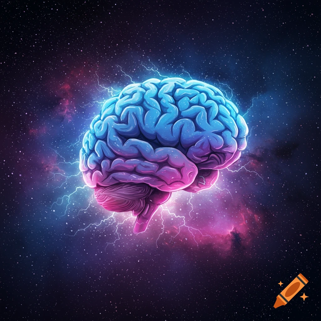 A stylized brain floats in cosmic space surrounded by lightning.
