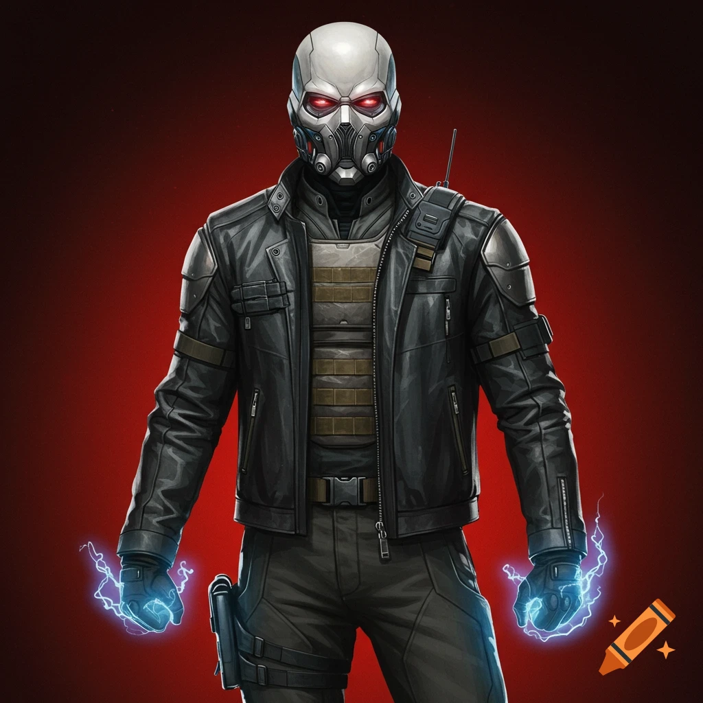 A superhero in a black leather jacket and mask, holding hands crackling with blue energy.