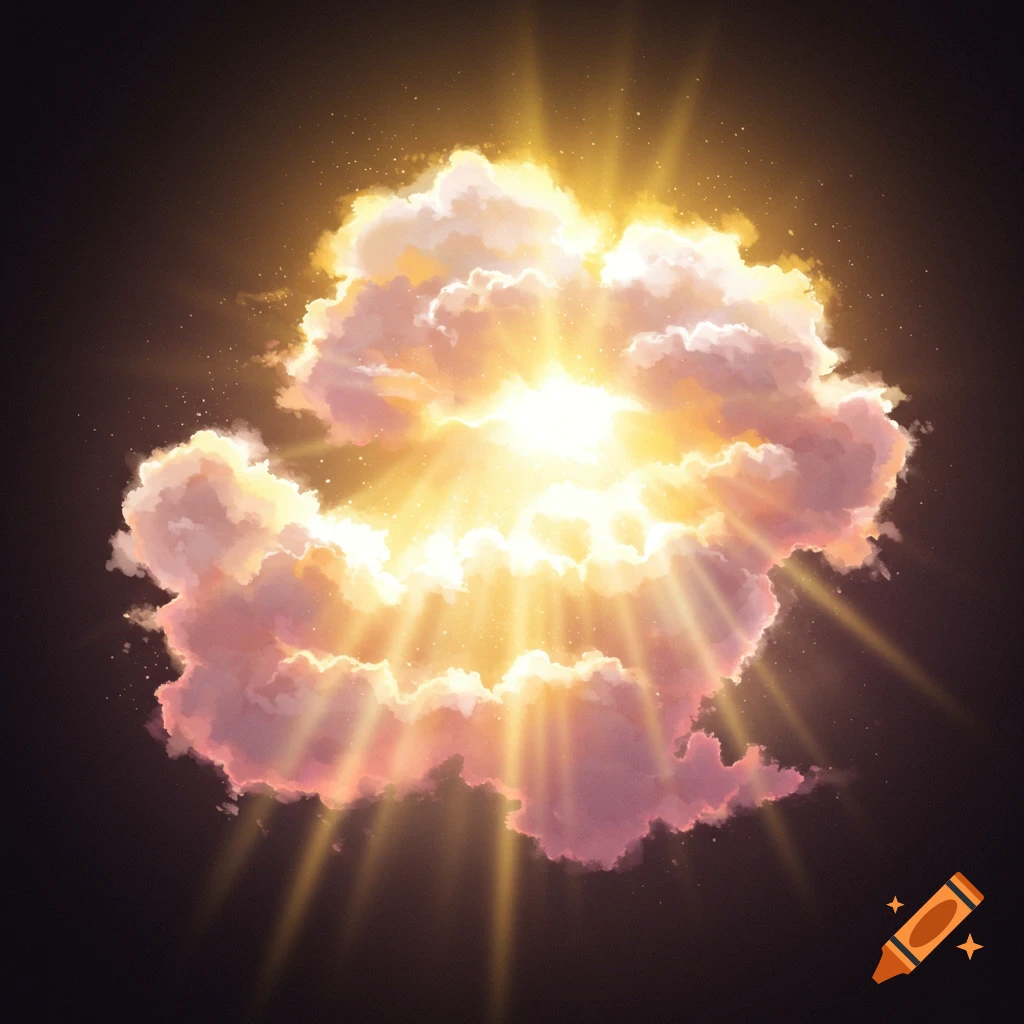 A swirling, luminous cloud with golden rays of light radiating from its center against a dark background.