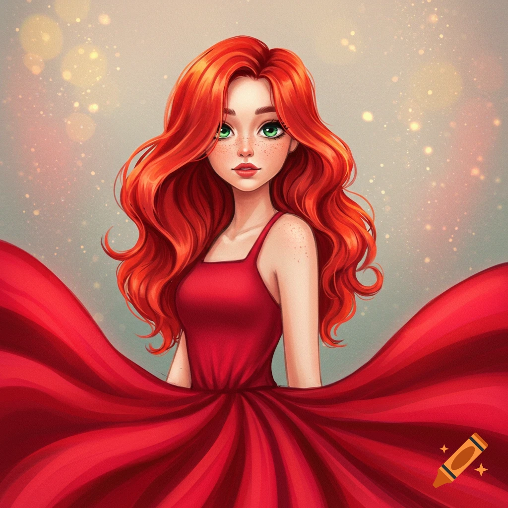 A girl with red hair and green eyes in a flowing red dress. on Craiyon