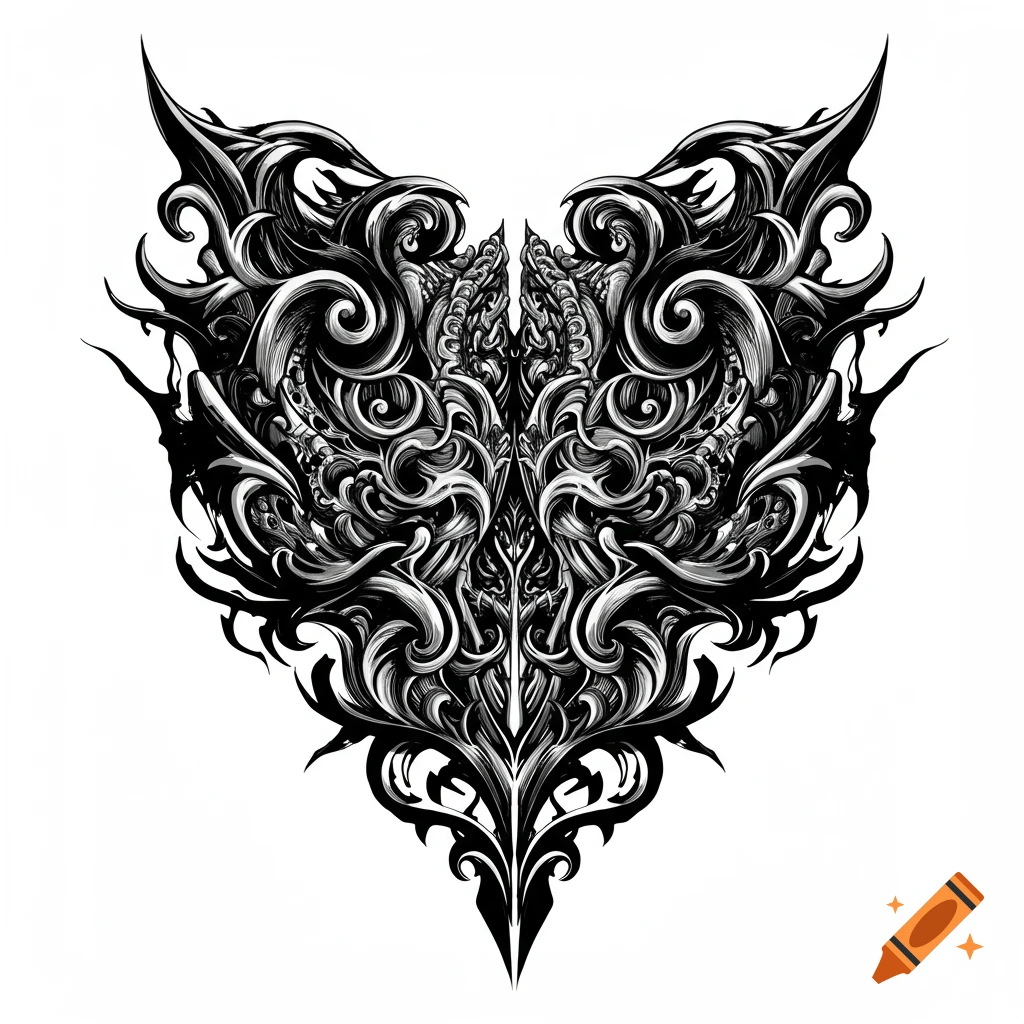 Black and white symmetrical ornamental design in dark tattoo style