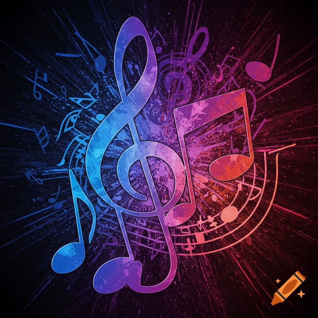 Abstract composition of colorful music notes and symbols with splatter effects on a dark background.