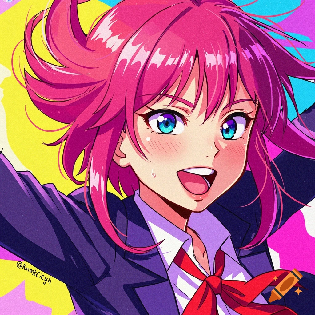 An anime portrait of a smiling person with pink hair and blue eyes wearing a school uniform.
