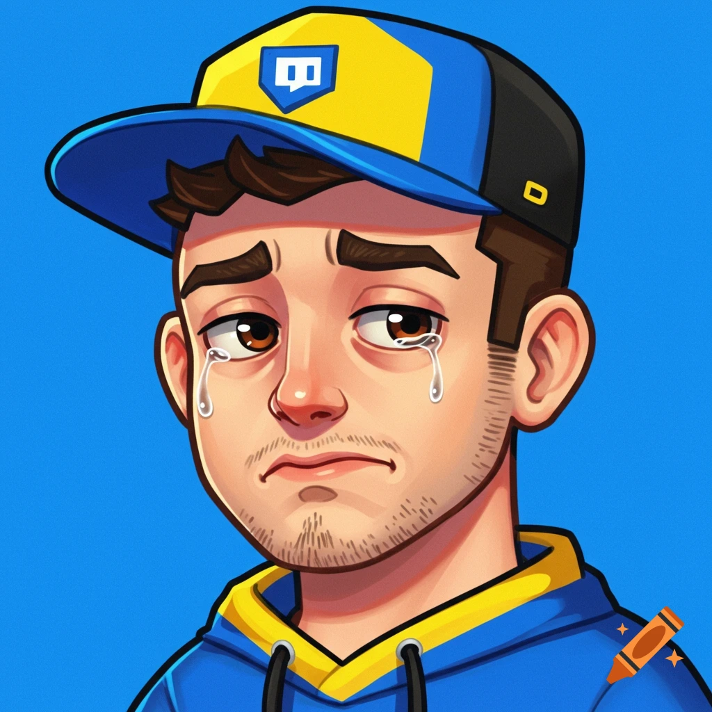 Cartoon portrait of a sad man wearing a blue and yellow hat and hoodie, crying.