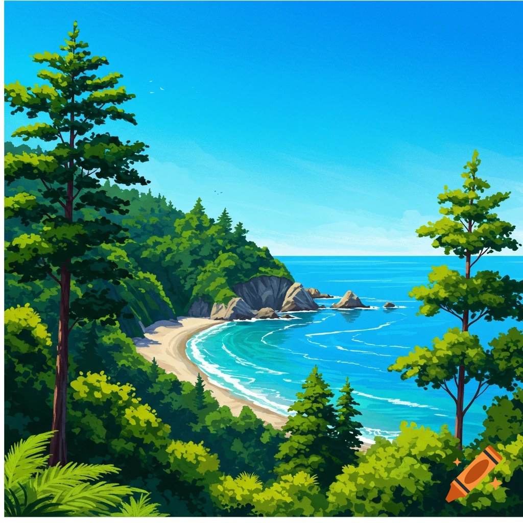A sandy beach leads to a blue ocean, bordered by green forest and trees under a clear sky.