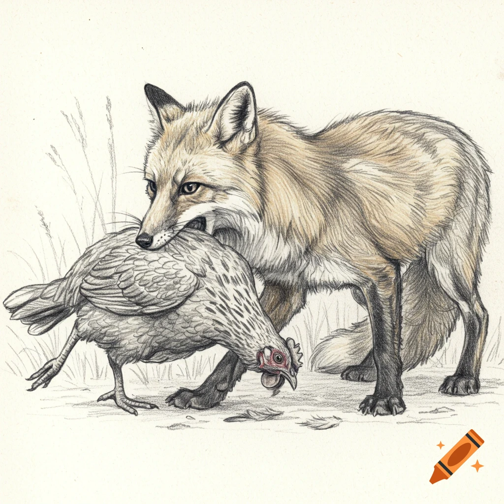 Pencil sketch of a fox holding a hen in its mouth.