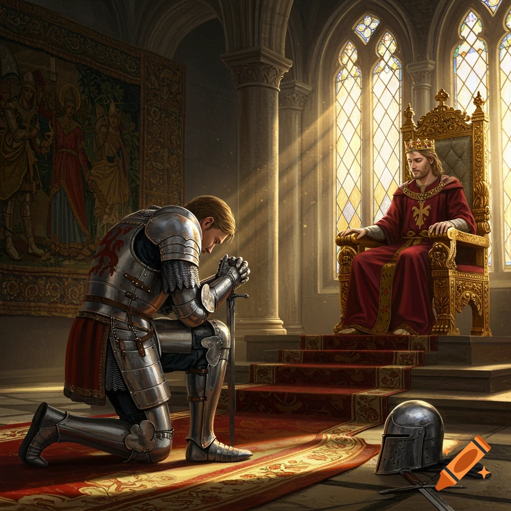 A medieval knight kneels before a king on a throne in a grand hall.