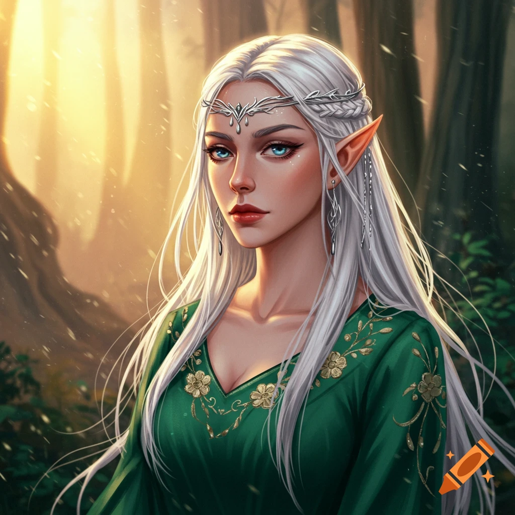 Portrait of an elven lady with white hair and a green dress in a forest setting.
