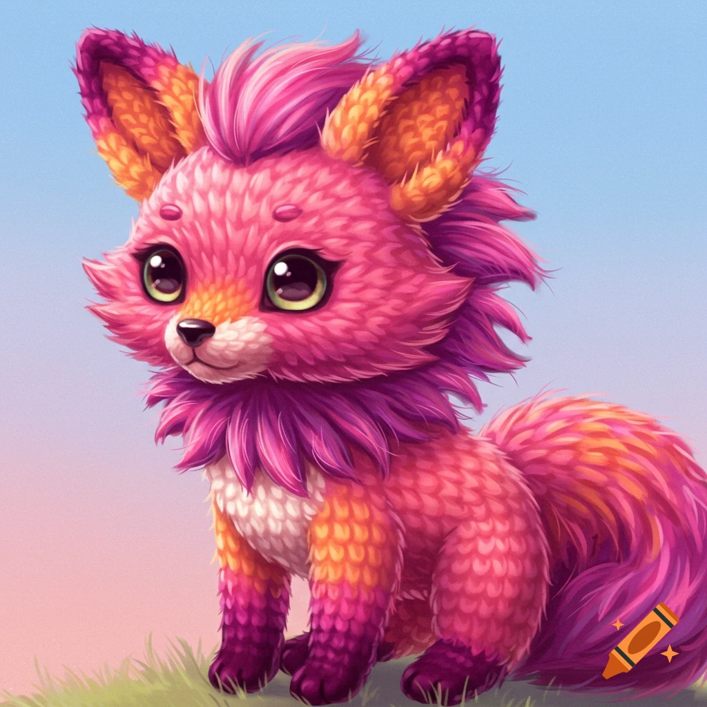 A cute pink, orange, and purple animal with a crochet texture.