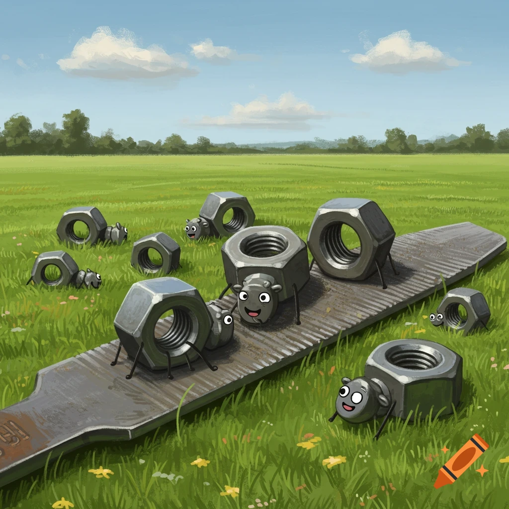 Cartoon hex nuts with faces and legs graze like sheep on a large metal file in a grassy field.