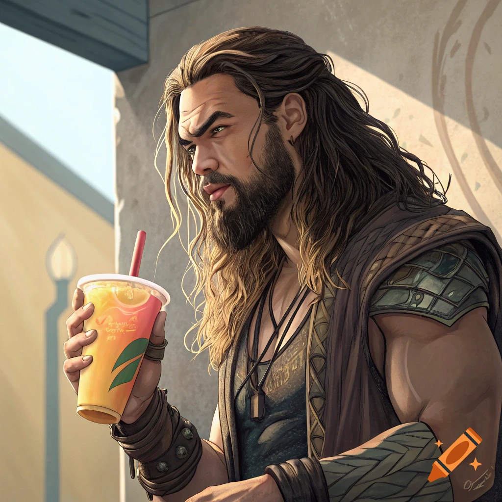 Illustrative portrait of a man resembling Jason Momoa holding a colorful drink.