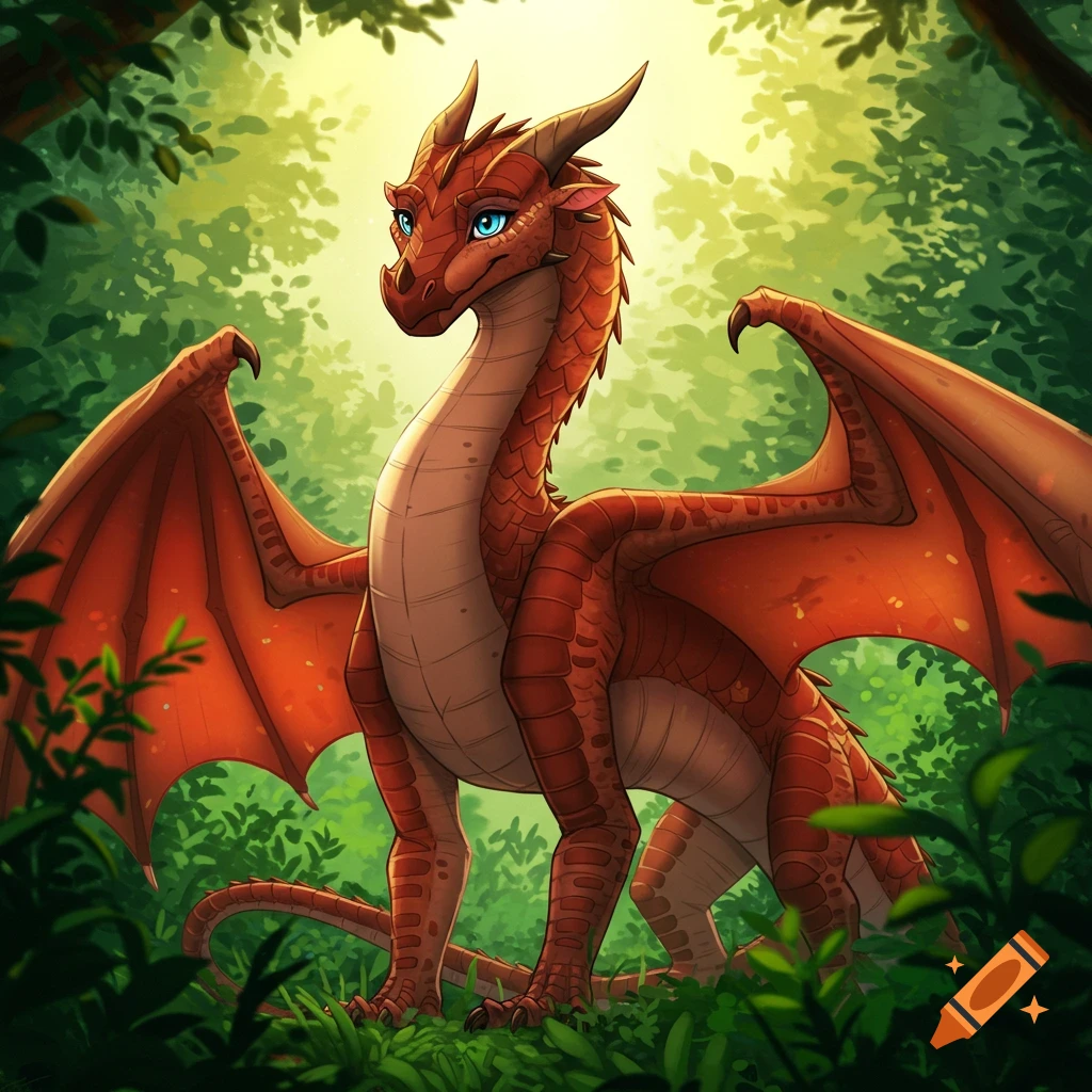 A red dragon with blue eyes stands in a sunlit forest clearing, looking brave.