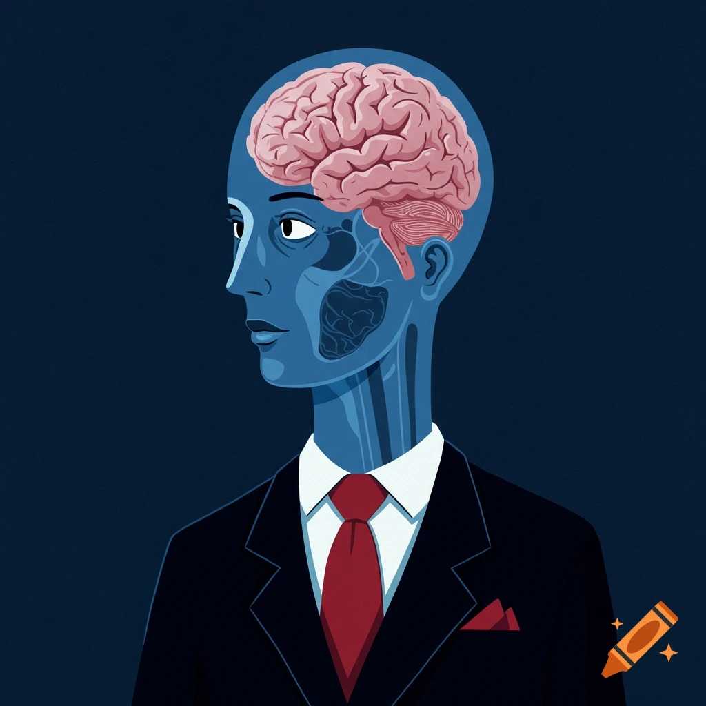 Illustration of a person's head showing a visible brain, wearing a suit and red tie.