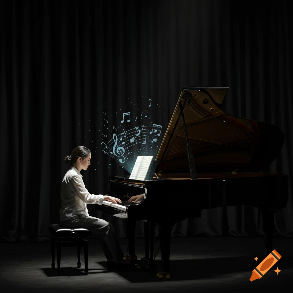 Woman playing a grand piano on a dark stage with glowing musical notes floating above.