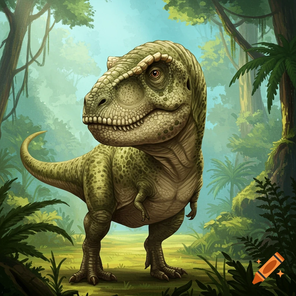 A cute cartoon Tyrannosaurus Rex dinosaur stands in a lush green jungle.