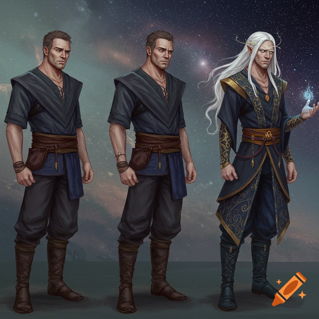 Three fantasy character designs against a starry sky.