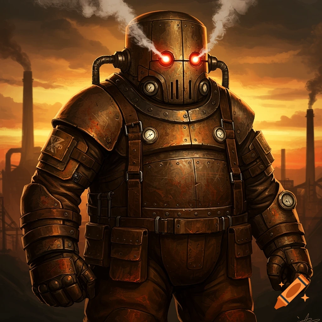 A large steampunk robot with glowing red eyes stands in an industrial setting at sunset.