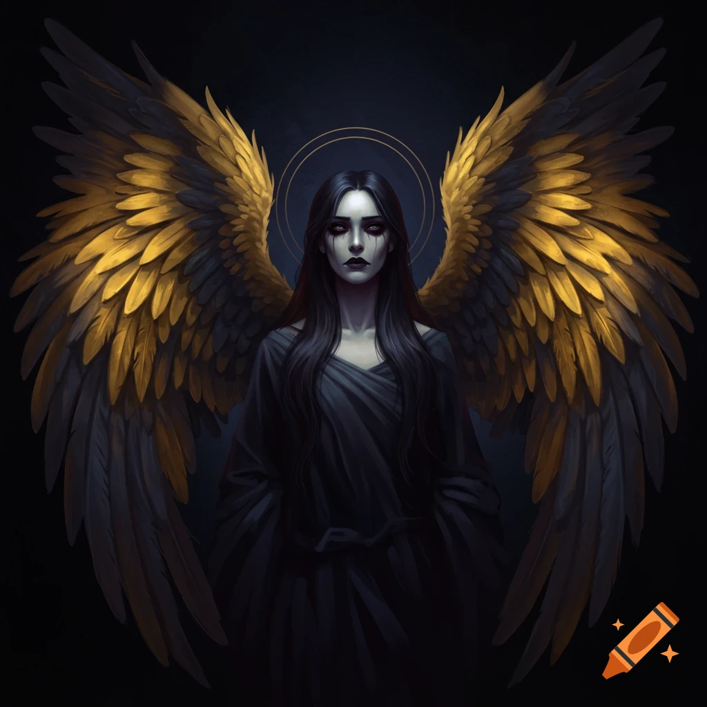A dark angel with large golden wings